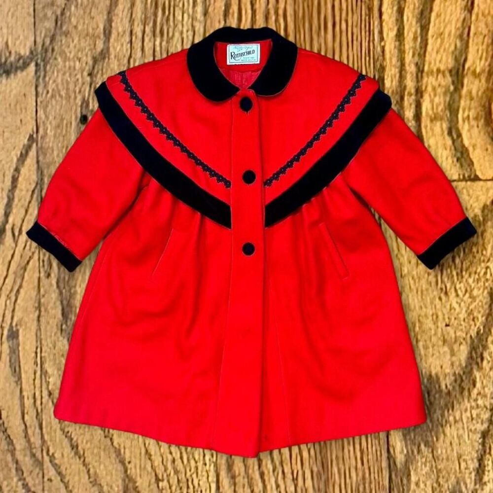 Vintage Rothschild Victorian Style Red Wool Dress with Black Velvet Trim